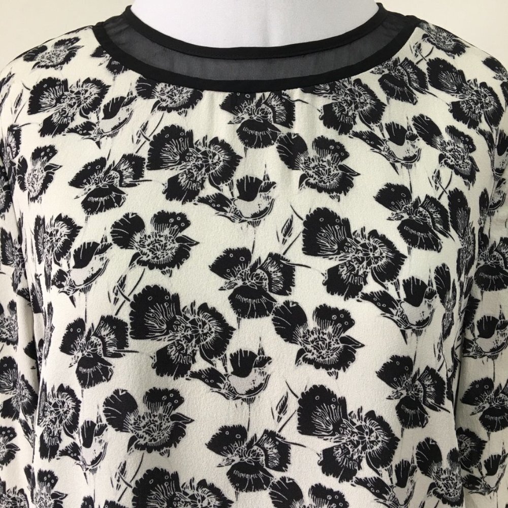 A.L.C. Women's Black White Floral Short Sleeve 100% Silk Crew Blouse Size Large - Picture 3 of 14